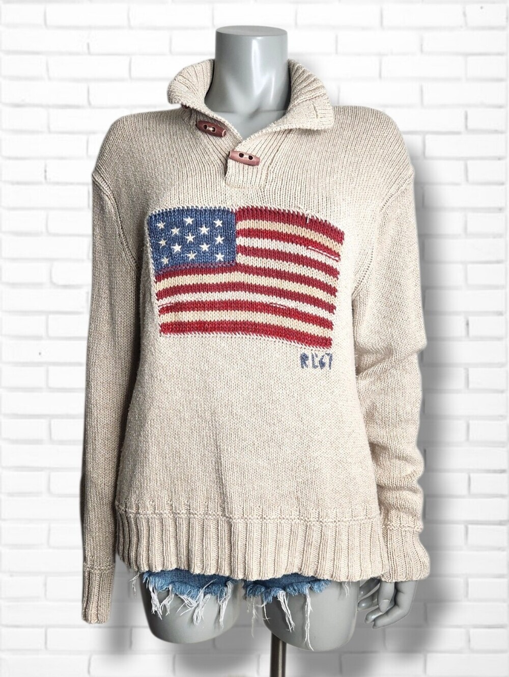 POLO Ralph Lauren Vintage Cowlneck Toggle Button American Flag Sweater Size M